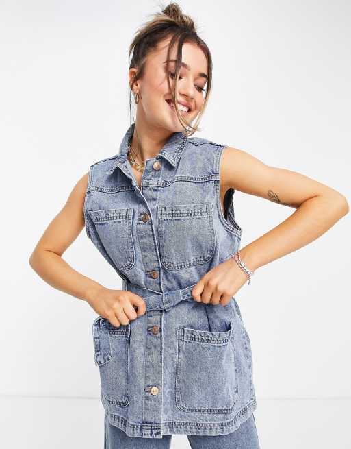 Pieces - Veste sans manches en denim de coton mélangé avec ceinture sur la taille - Bleu - MBLUE, 3 de 4