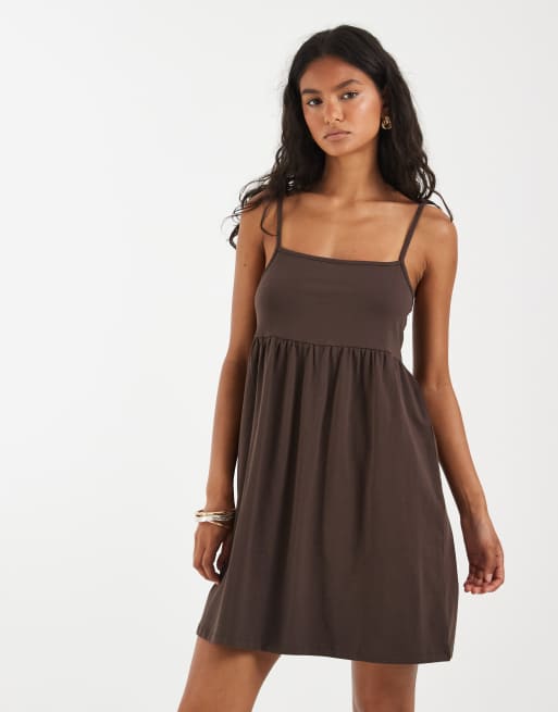 Pieces - Vestido corto marrón chocolate de tirantes estilo babydoll, 2 de 4