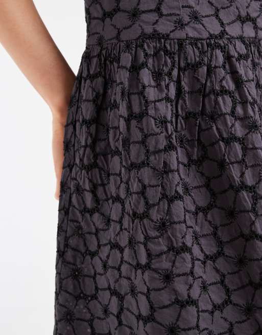 Pieces - Vestido corto negro con bordados y cintura baja de algodón, 3 de 4