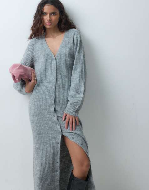 Pieces vestido de punto con manga abullonada y botones delanteros en gris claro jaspeado - view 1
