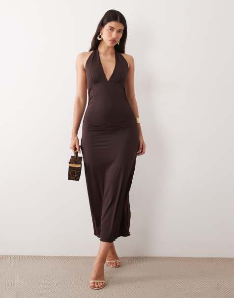 Pieces vestido largo ceñido con cuello halter en marrón chocolate - view 1
