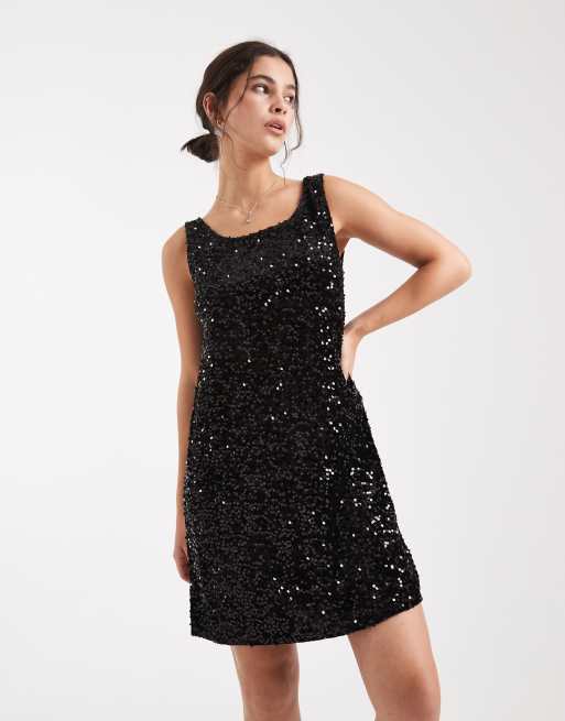 Pieces - Vestito a trapezio corto double-face nero con paillettes e scollo dritto, 3 di 4