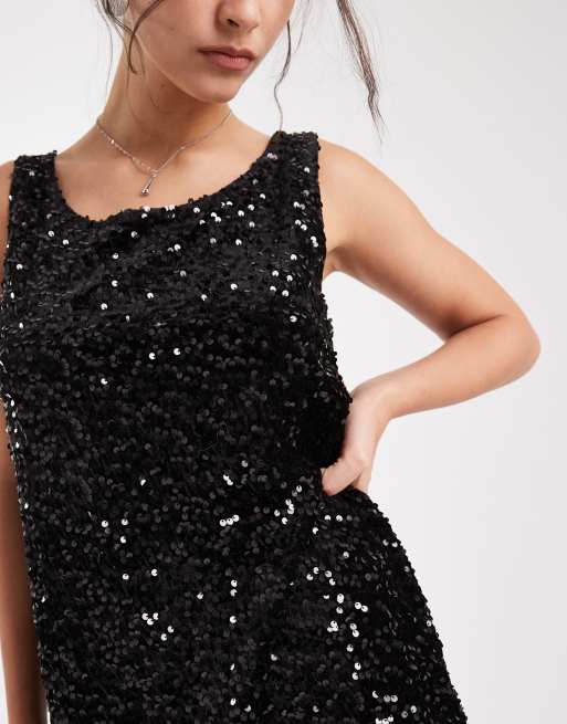 Pieces - Vestito a trapezio corto double-face nero con paillettes e scollo dritto, 4 di 4