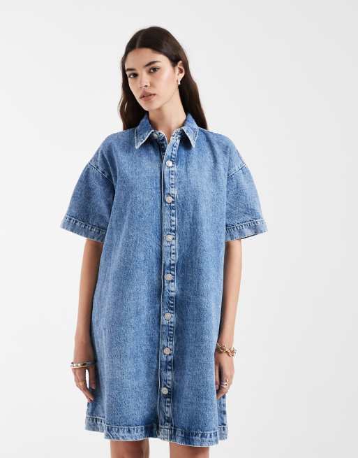 Pieces - Vestito camicia corto in denim blu medio, 2 di 4
