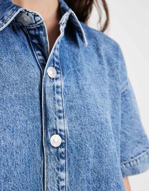 Pieces - Vestito camicia corto in denim blu medio, 3 di 4