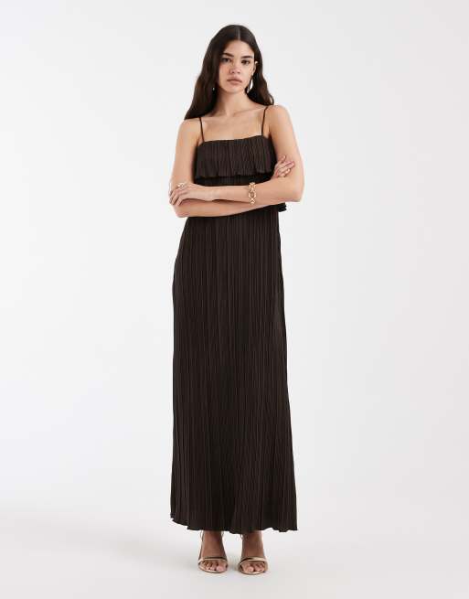 Pieces - Vestito con spalline sottili plissé marrone con balze e volant, 2 di 4