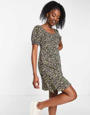 Pieces tie back mini dress in black & yellow floral - ASOS Price Checker