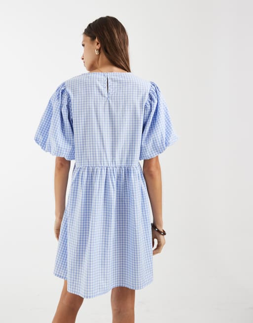 Pieces - Vestito corto blu e bianco a quadretti con maniche voluminose, 4 di 4