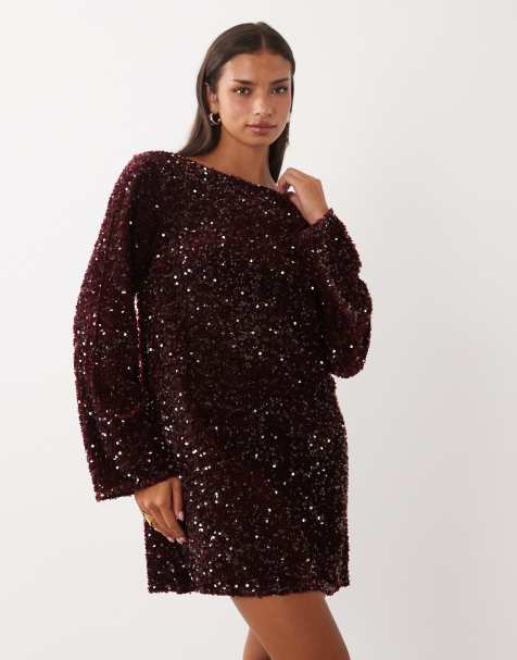 Pieces - Vestito corto bordeaux con paillettes e fiocco sul retro - view 1