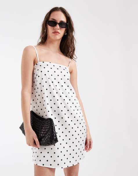 Pieces - Vestito corto con spalline sottili in raso bianco e nero a pois - view 1