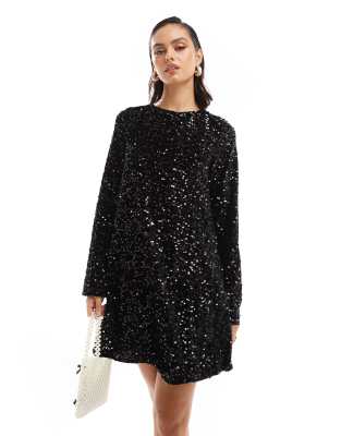 Pieces - Vestito corto nero con paillettes e fiocco sul retro - view 1