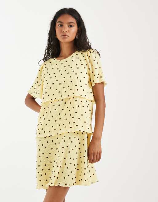 Pieces - Vestito corto testurizzato a balze giallo a pois marroni, 3 di 4