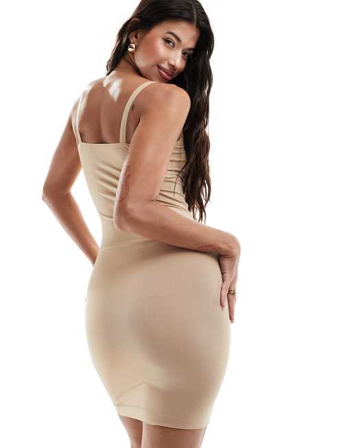 Pieces - Vestito fasciante modellante beige senza cuciture, 2 di 4