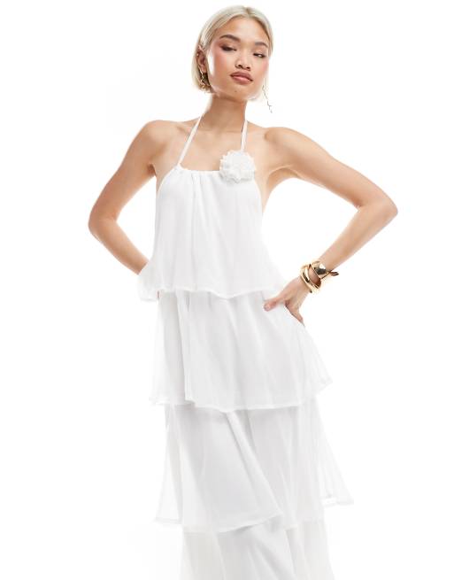 Pieces Vestito lungo a balze bianco con volant e dettaglio