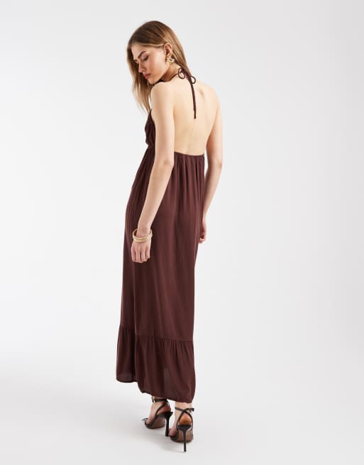 Pieces - Vestito lungo allacciato al collo in tessuto stropicciato marrone mogano intenso, 4 di 4
