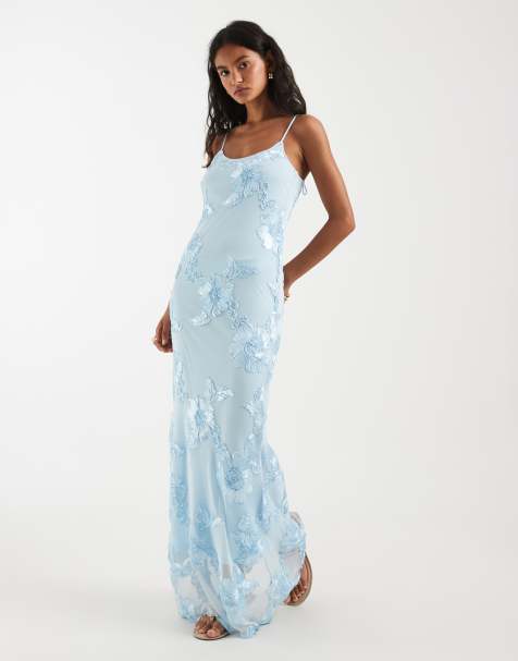 Pieces - Vestito lungo azzurro con spalline sottili in rete ricamata - view 1