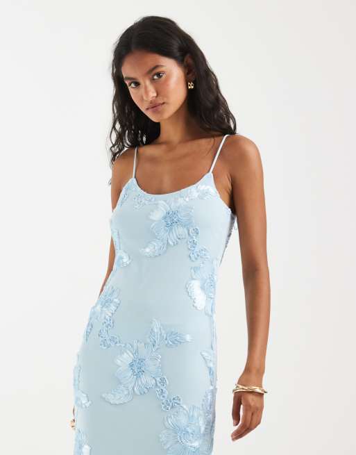 Pieces - Vestito lungo azzurro con spalline sottili in rete ricamata, 2 di 4