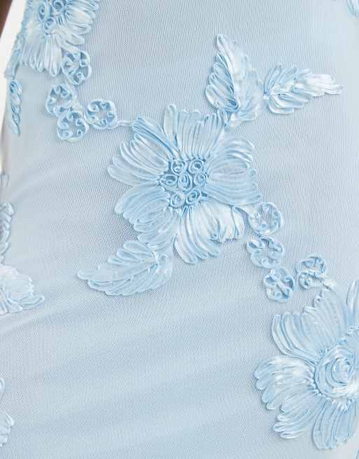 Pieces - Vestito lungo azzurro con spalline sottili in rete ricamata, 3 di 4