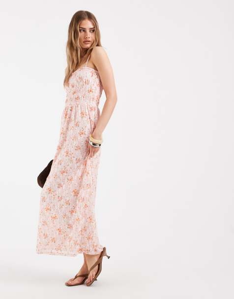 Pieces - Vestito lungo con spalline sottili in pizzo rosa punto smock a fiorellini - view 1