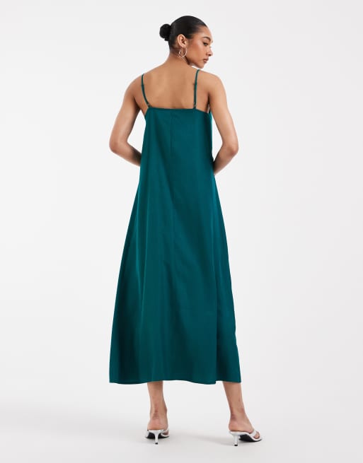 Pieces - Vestito lungo con spalline sottili in raso verde-azzurro scuro, 4 di 4