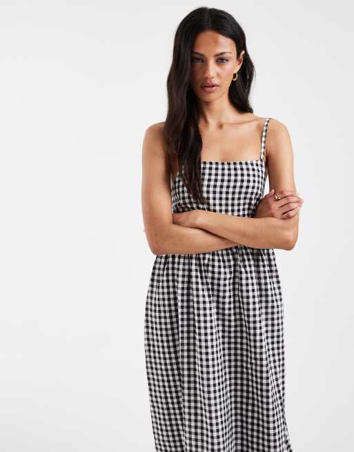 Pieces - Vestito lungo con spalline sottili in seersucker nero e bianco a quadretti, 2 di 4