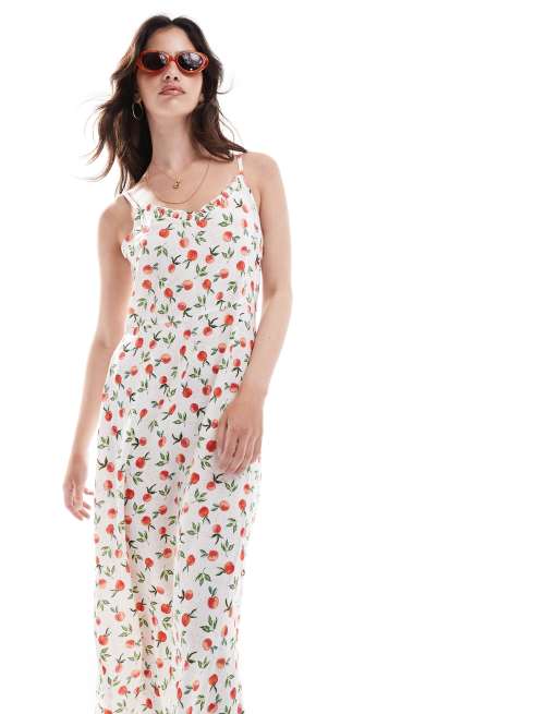 Pieces - Vestito lungo crema con stampa di arance e spalline con volant