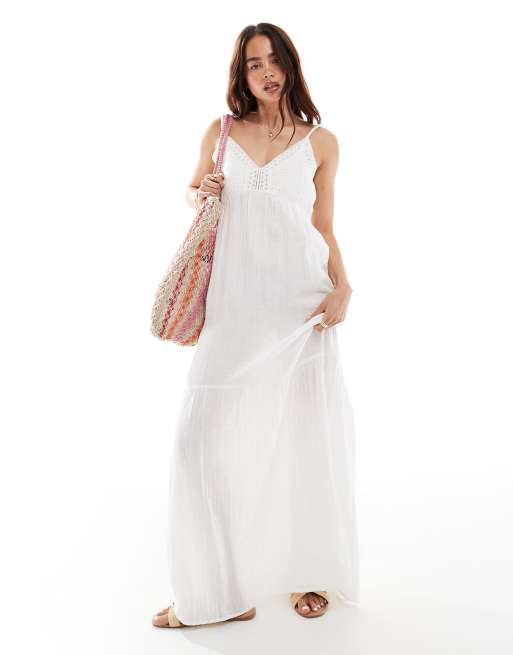 Pieces - Vestito lungo da spiaggia in cotone bianco con dettagli in pizzo