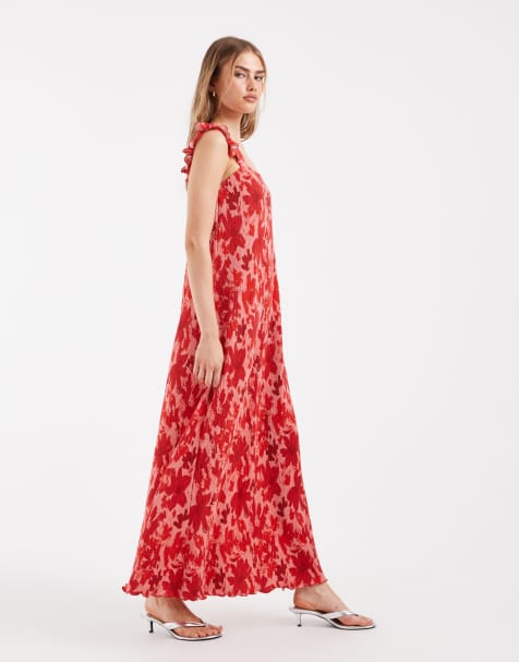 Pieces - Vestito lungo plissé con maniche con volant rosa e rosso a fiori - view 1
