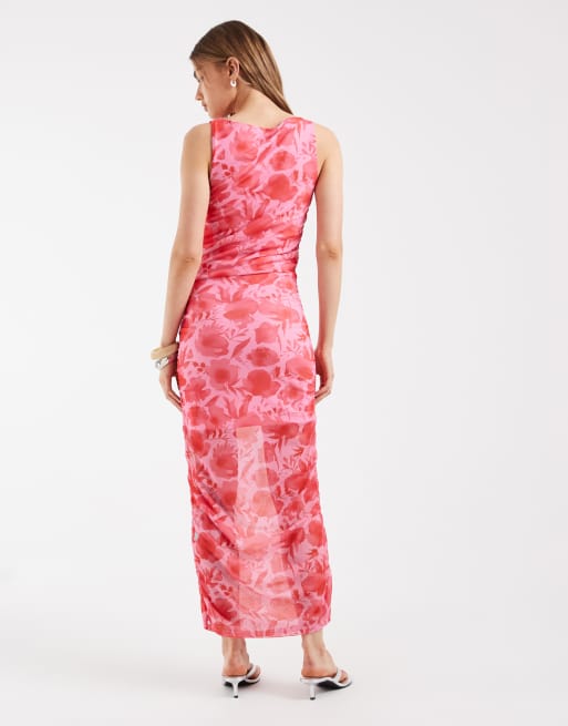 Pieces - Vestito midi con arricciature e stampa vivace a fiori, 4 di 4