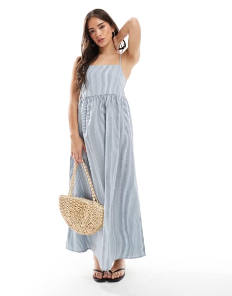 Pieces - Vestito midi con spalline sottili blu chiaro a righe - view 1