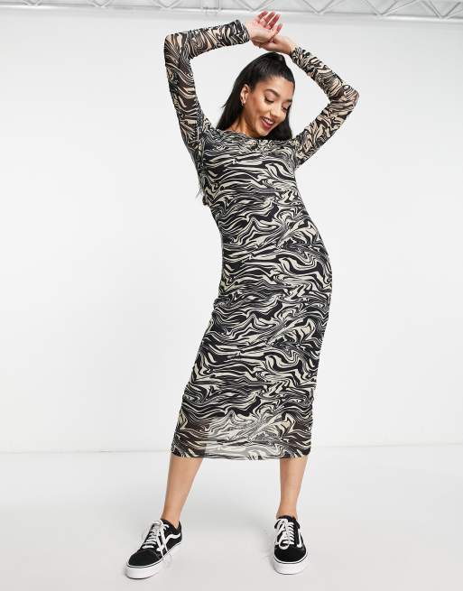 PIECES - Vestito midi in rete nera con stampa astratta