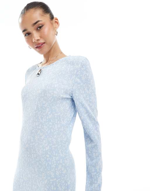 Pieces - Vestito midi plissé a maniche lunghe blu a fiorellini, 2 di 4