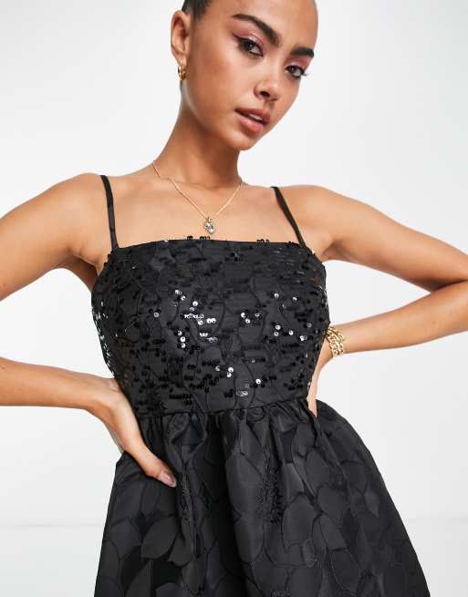 Pieces - Vestito midi premium stile baby doll con spalline sottili e paillettes nero, 4 di 4