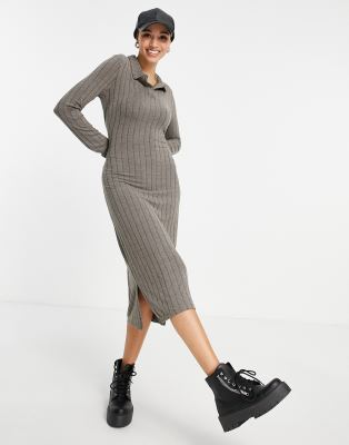 Pieces - Vestito polo midi grigio a coste - view 1