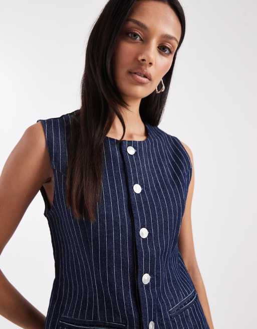 Pieces - Veston long d'ensemble en jean à rayures fines - Bleu foncé, 3 de 4