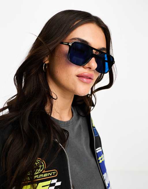 Pieces - Vierkante aviator zonnebril in blauw