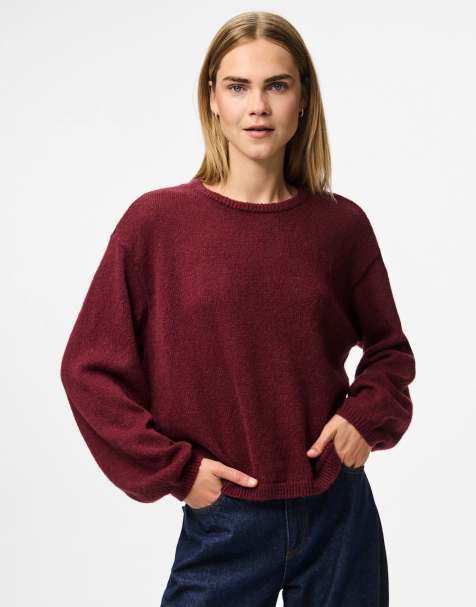 Pieces – Vinröd, stickad pullover - view 1
