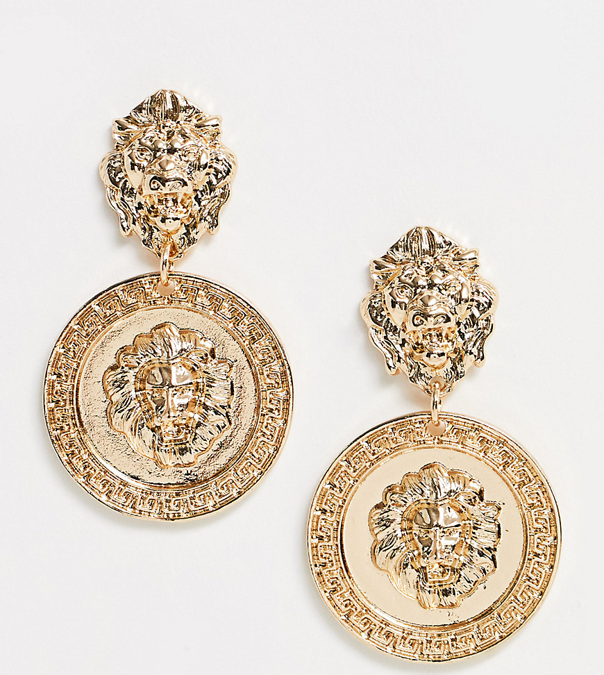 Pieces vintage look statement lion earrings in gold