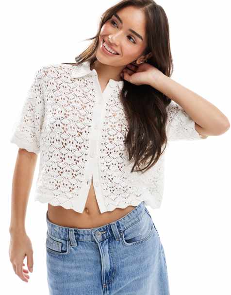 Pieces – Vit, stickad skjorta med korta ärmar - view 1