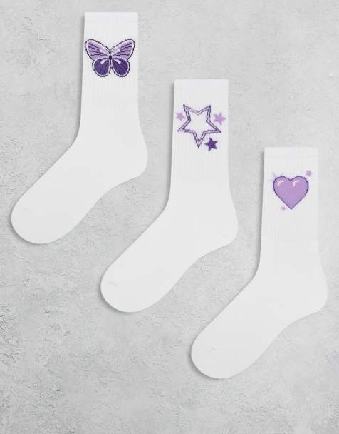 Pieces – Vita ankelstrumpor med lila broderi, 3-pack - view 1
