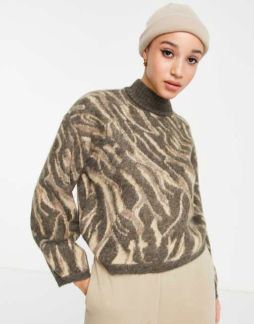 Pieces volume sleeve high neck jumper in chocolate abstract 