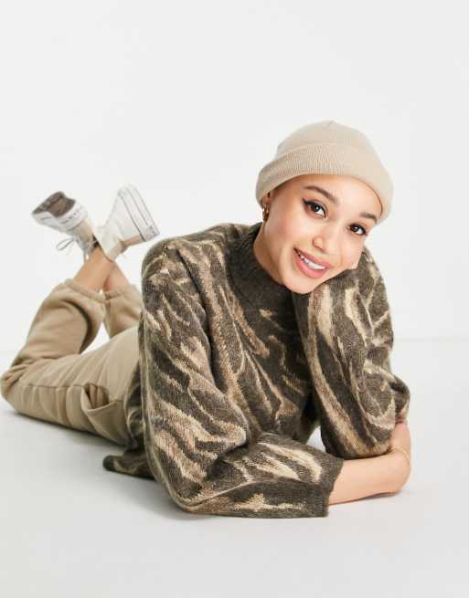 Pieces volume sleeve high neck jumper in chocolate abstract , 2 of 4