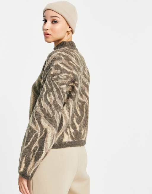 Pieces volume sleeve high neck sweater in chocolate abstract , 3 of 4