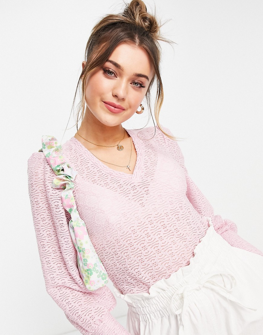 Pieces volume sleeve V-neck lace blouse in lilac-Pink