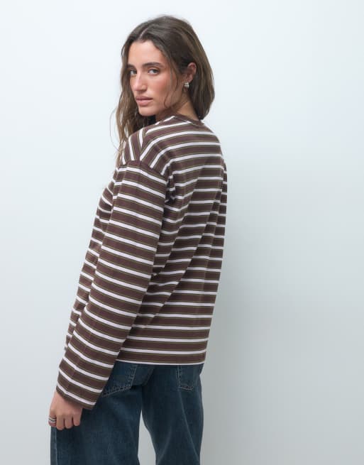 Pieces waist detail long sleeve oversized t-shirt in chocolate plum stripe, 4 of 4