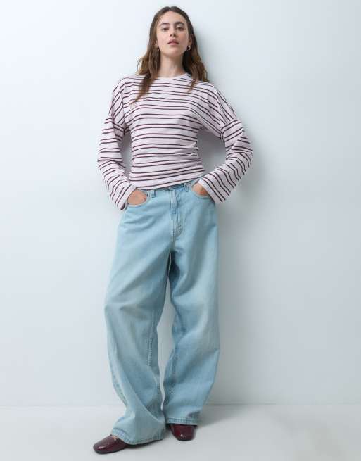 Pieces waist detail long sleeve oversized t-shirt in orchid ice stripe, 3 of 4