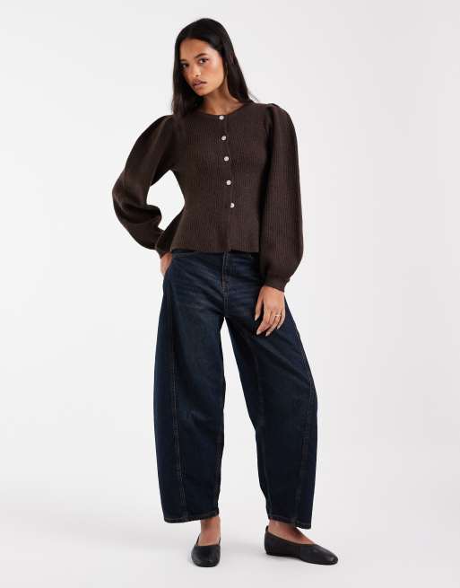Pieces waist detail soft rib knitted cardigan in brown, 2 of 4