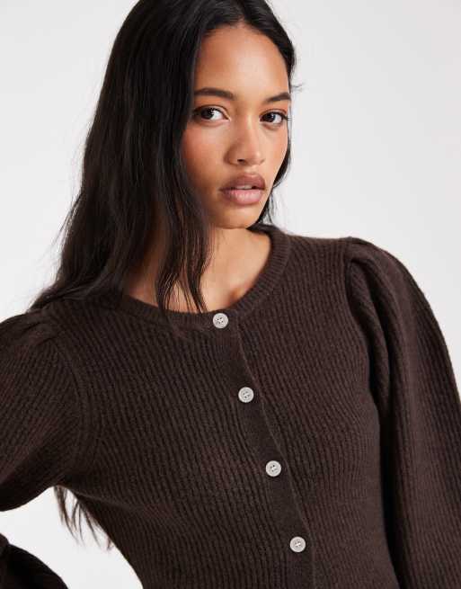 Pieces waist detail soft rib knitted cardigan in brown, 4 of 4