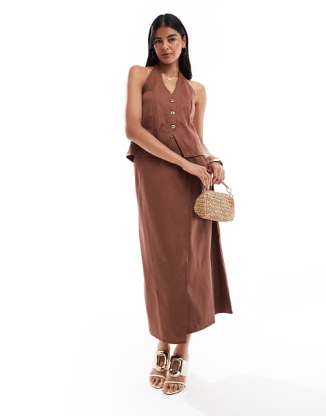 Pieces waistcoat and midi skirt co-ord in chocolate brown - view 1