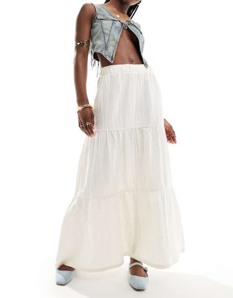 Pieces boho tiered maxi skirt in white